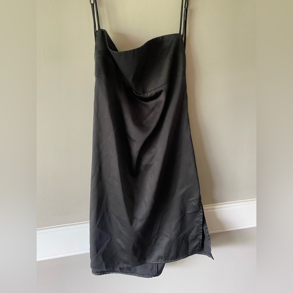 Black satin slit dress